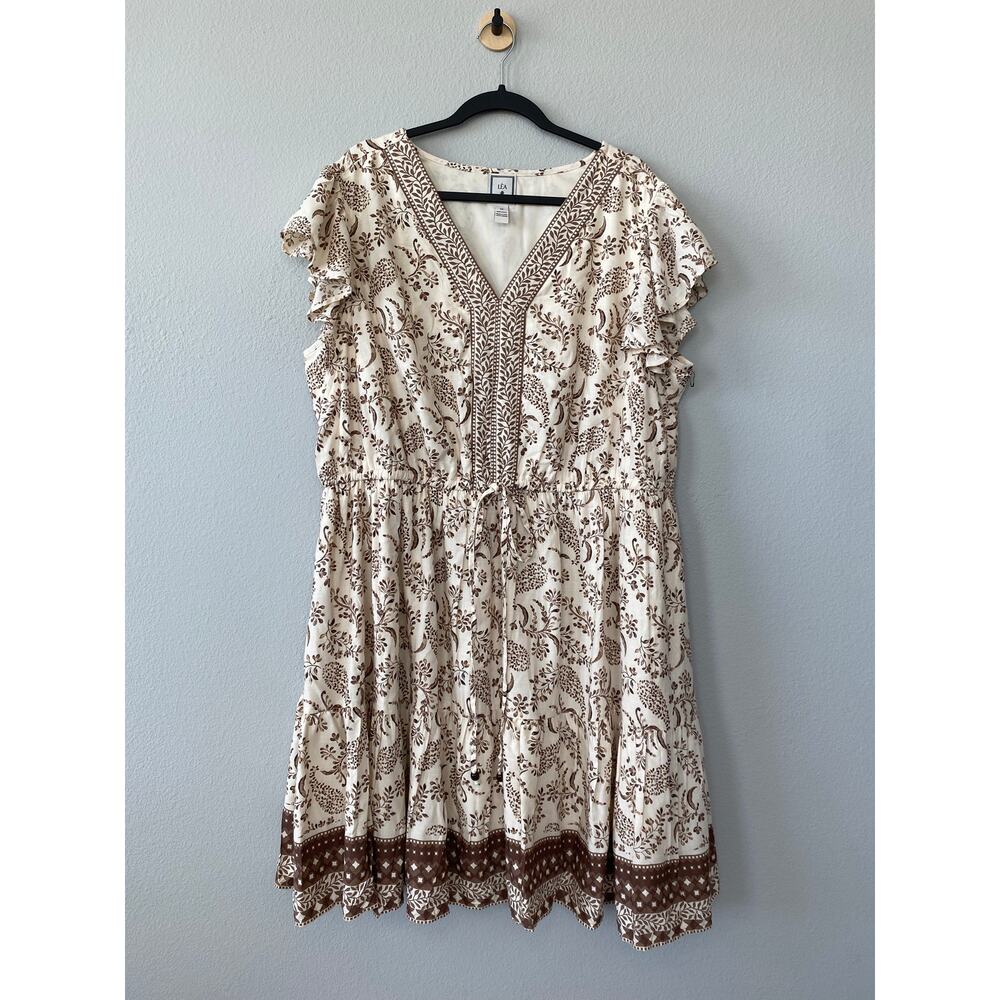 LEA 3X Plus Size Boho Floral Tiered Midi Dress Ruffle Sleeve Brown Cream NWOT